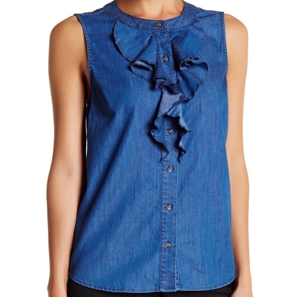 CeCe Sleeveless Ruffle Denim Button Down Top Med